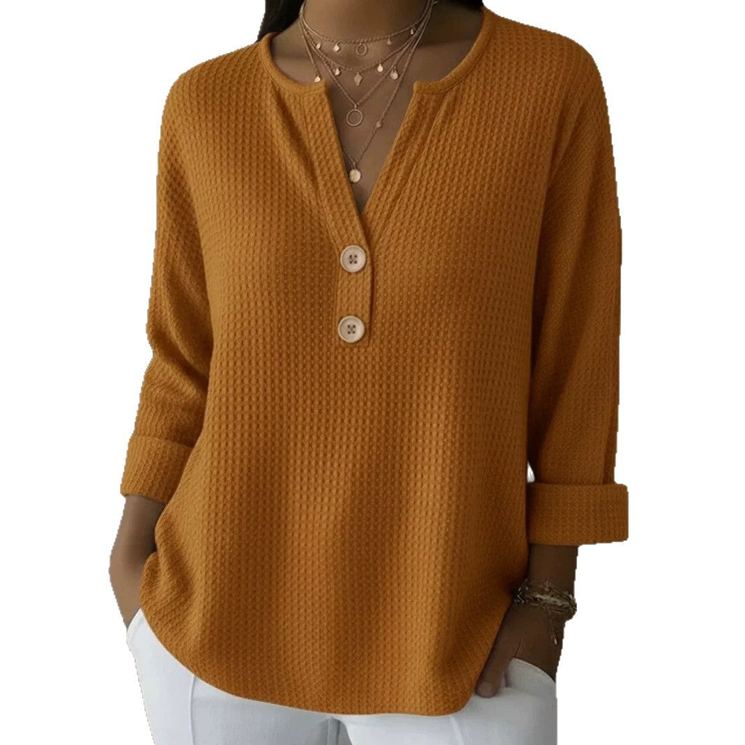 Damen nan Waffelstruktur Henley-Shirt mit V-Ausschnitt kurze Knopfleiste und krempelbaren 3/4-Ärmeln EB