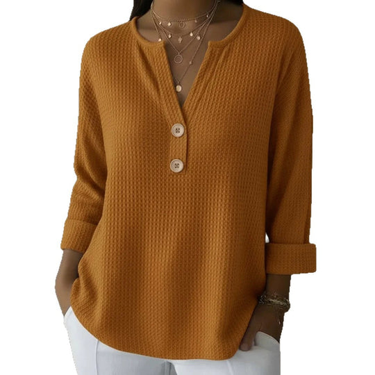 Damen nan Waffelstruktur Henley-Shirt mit V-Ausschnitt kurze Knopfleiste und krempelbaren 3/4-Ärmeln EB