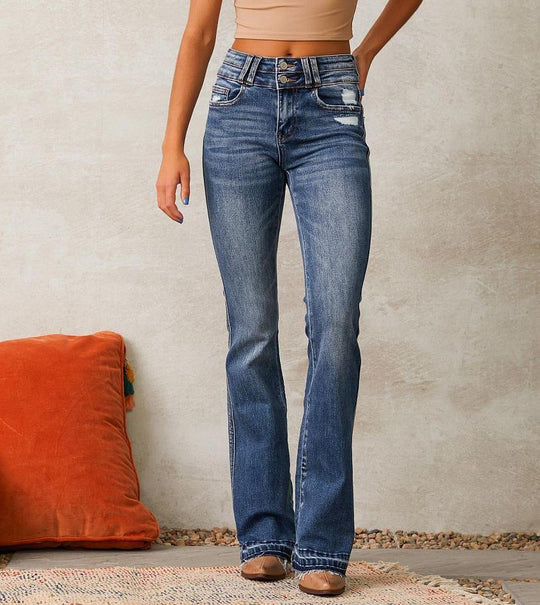 Damen nan hochtaillierte Vintage-Bootcut-Jeans mit doppelter Knopfleiste, leichtem Destroyed-Detail und ausgefranstem Saum EB