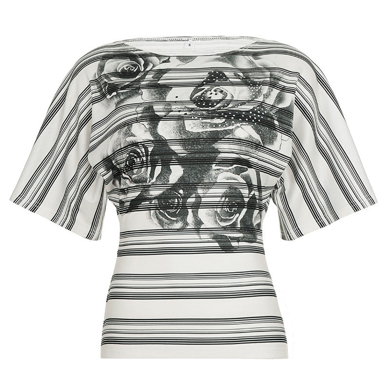 Damen Oversized T-Shirt mit floralem Streifenmuster und eleganter Passform EB
