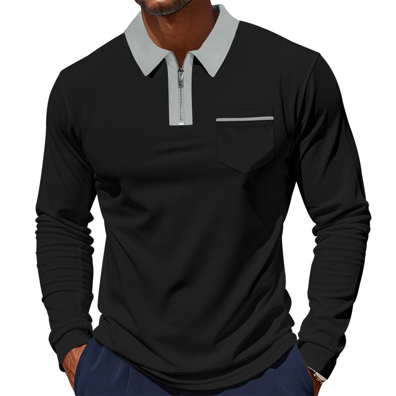 Herren nan langärmeliges Polo mit halbem Reißverschluss, aufgesetzter Brusttasche und feiner Strukturjersey-Qualität EB