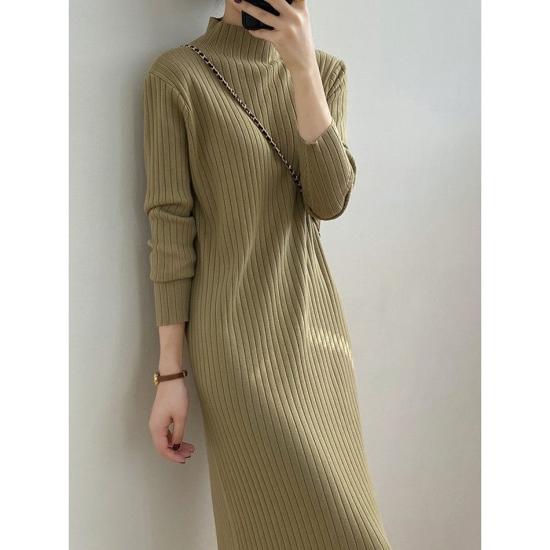 Damen Strickkleid mit hohem Kragen und Rippenstruktur EB