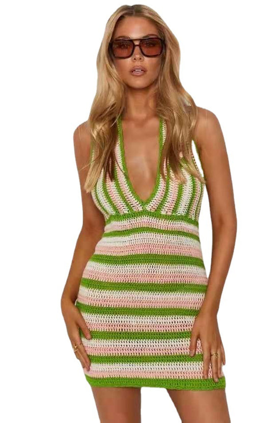Damen gehäkeltes Minikleid mit tiefem V-Ausschnitt und gestreiftem Design EB