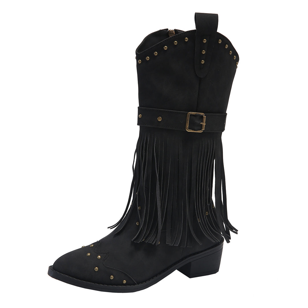 Damen nan Westernstiefel mit Fransen Nieten und Schnallenriemen EB