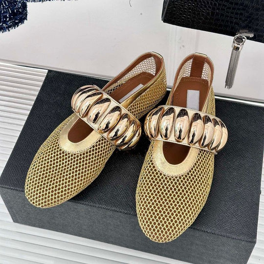 Damen Ballerinas mit glitzerndem Riemen und luftiger Netzoberfläche EB