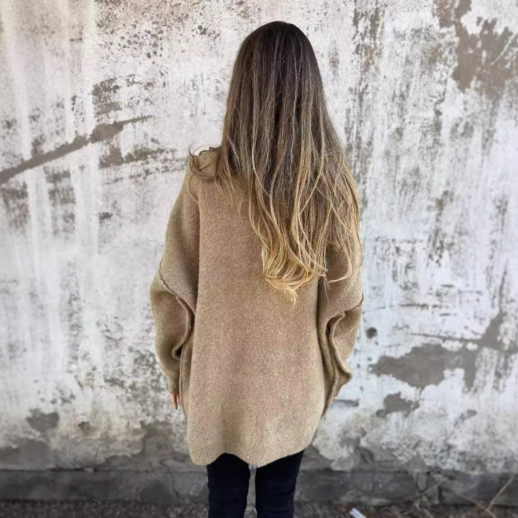 Damen kuschelige Strickjacke mit großen Taschen und Knopfdetails EB