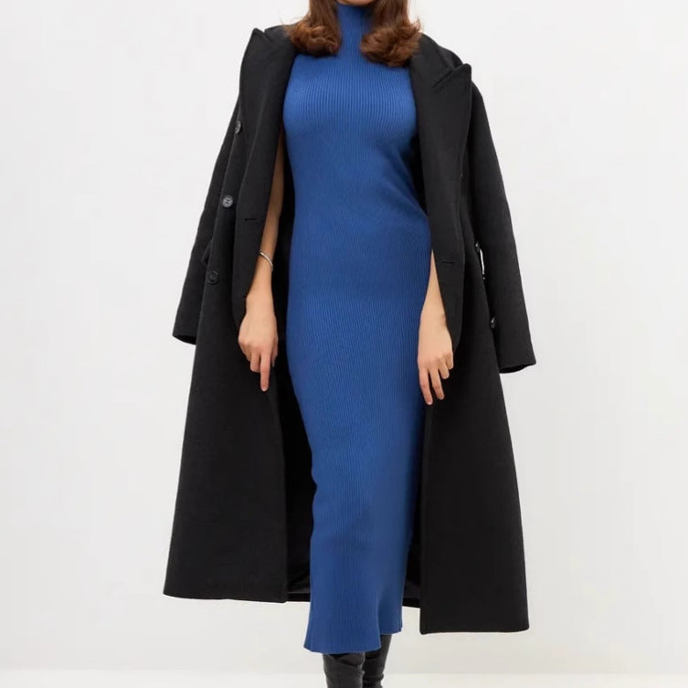 Damen Elegantes figurbetontes Maxikleid mit hochgeschlossenem Kragen und feiner Rippenstruktur EB