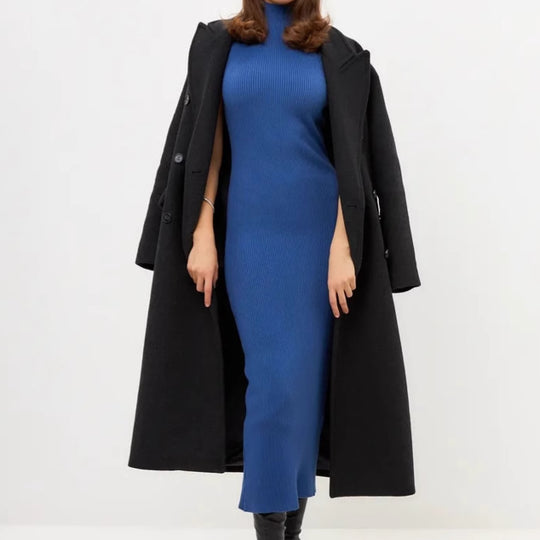 Damen Elegantes figurbetontes Maxikleid mit hochgeschlossenem Kragen und feiner Rippenstruktur EB