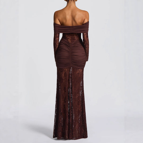 Damen Elegantes Spitzen-Maxikleid mit elegantem Off-Shoulder Design und Raffungen EB