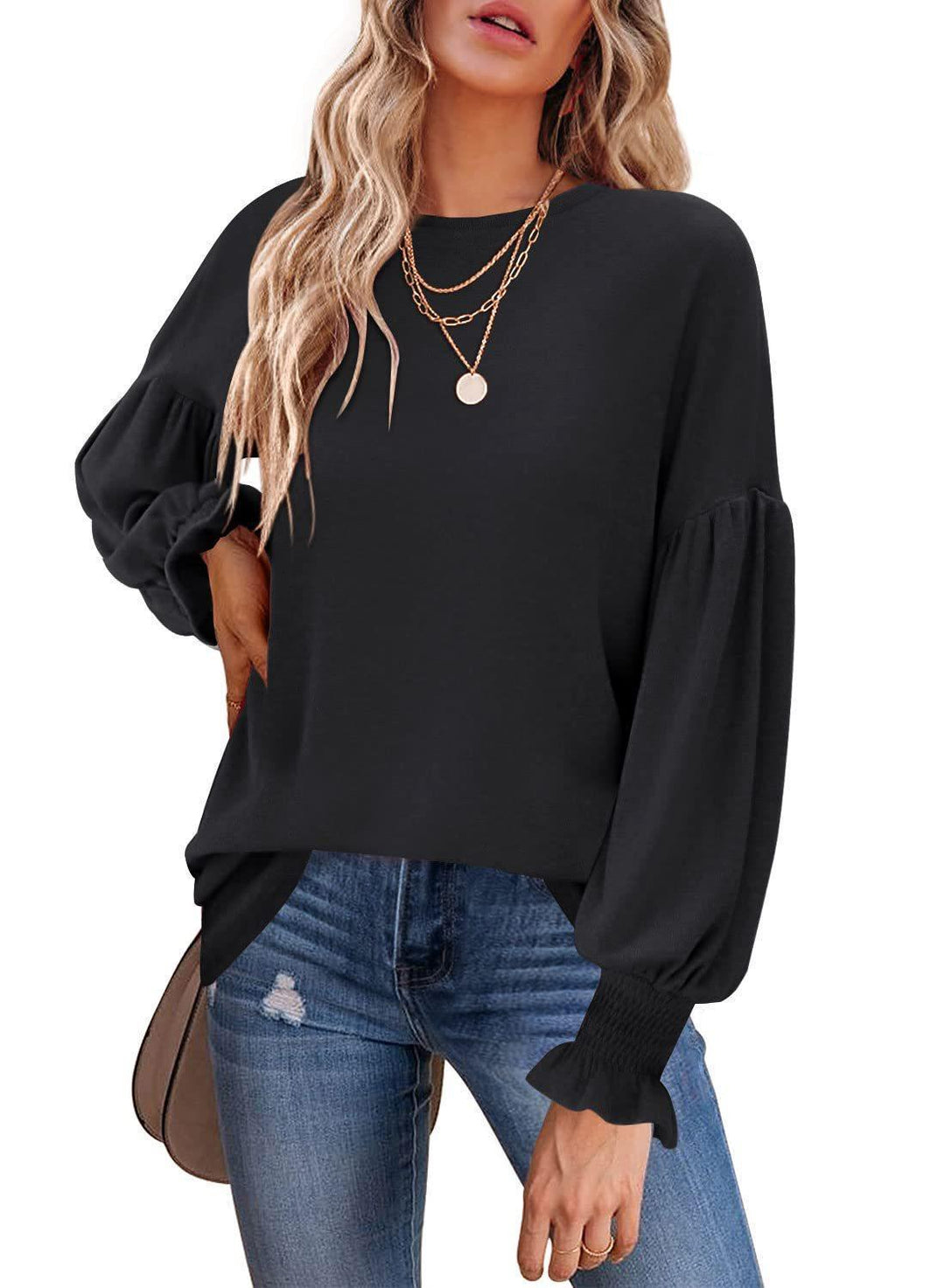 Damen lässiger Pullover mit Ballonärmeln und raffiniertem Saum EB