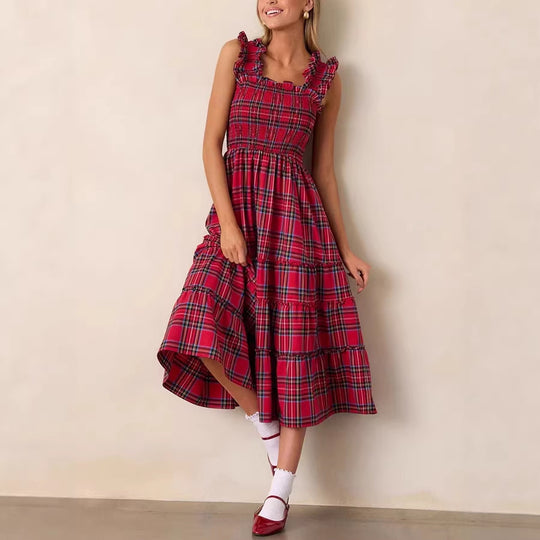 Damen Maxikleid mit voluminösen Rüschendetails und klassischen Karo-Muster EB