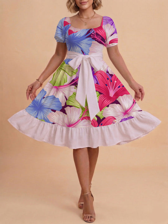 Damen modernes Blumenkleid mit elegantem Taillengürtel und asymmetrischem Saum EB
