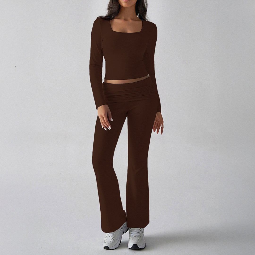 Damen nan figurbetontes Cropped-Set mit langärmeligem Top mit quadratischem Ausschnitt und ausgestellter High‑Waist Yoga-Hose EB