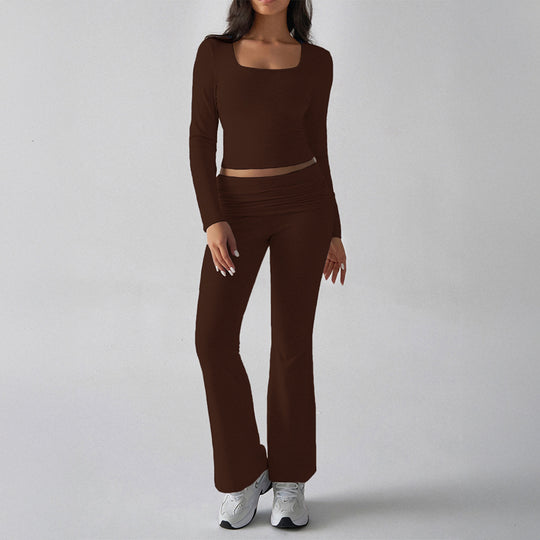 Damen nan figurbetontes Cropped-Set mit langärmeligem Top mit quadratischem Ausschnitt und ausgestellter High‑Waist Yoga-Hose EB