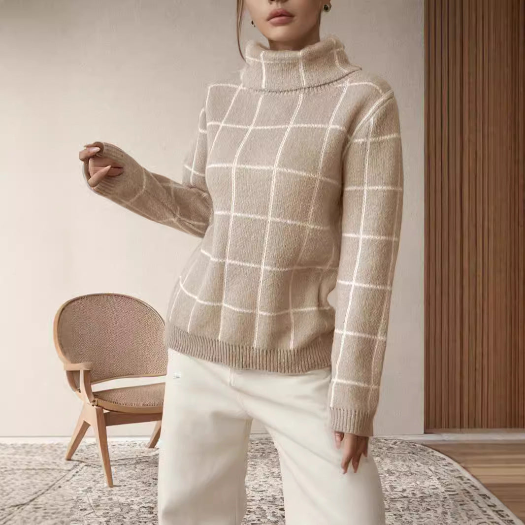 Damen Grobstrickpullover mit modernem Karomuster und hohem Kragen EB