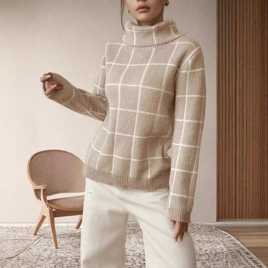 Damen Grobstrickpullover mit modernem Karomuster und hohem Kragen EB