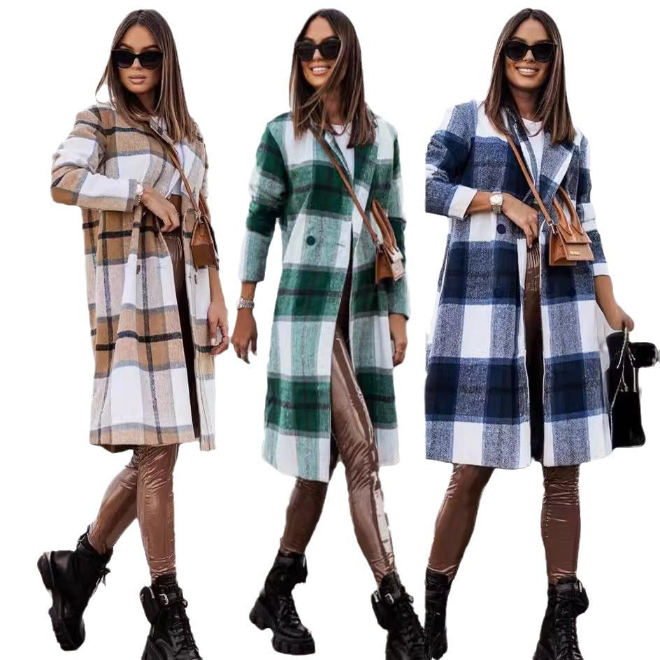 Damen Langer Wollmantel mit kariertem Muster und taillierbarem Gürtel EB