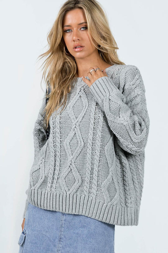 Damen Grobstrickpullover mit voluminösen Ärmeln und klassischem Zopfmuster EB