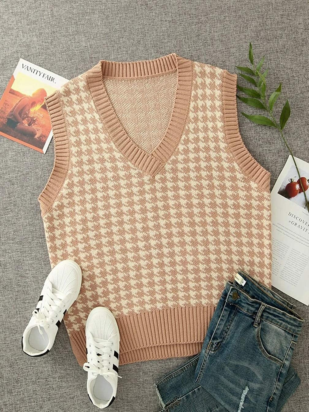 Damen ärmellose Strickweste mit modernem Hahnentrittmuster EB