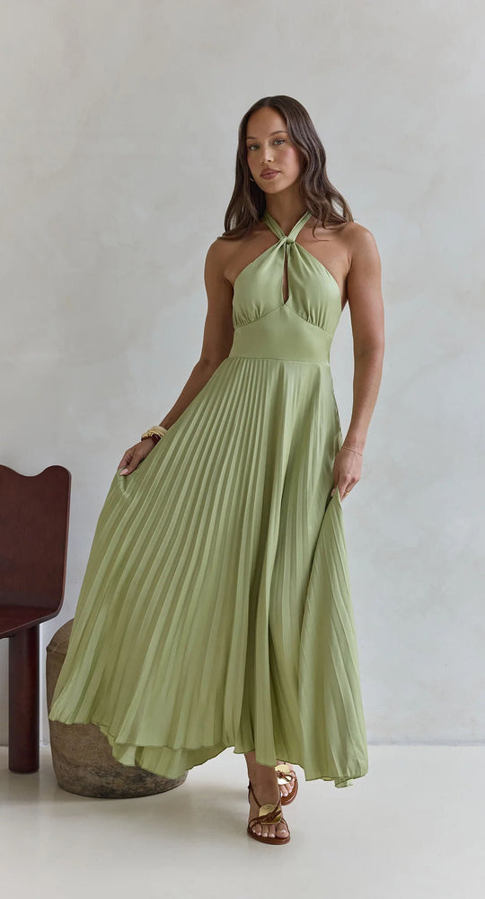 Damen Maxi-Kleid mit elegantem Halter-Design und plissiertem Rock EB
