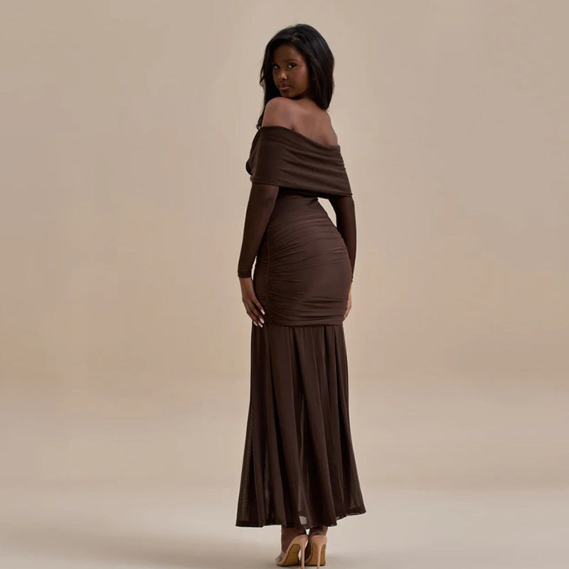 Damen Elegantes Wickel-Maxikleid mit Rüschen und Off-Shoulder Design EB