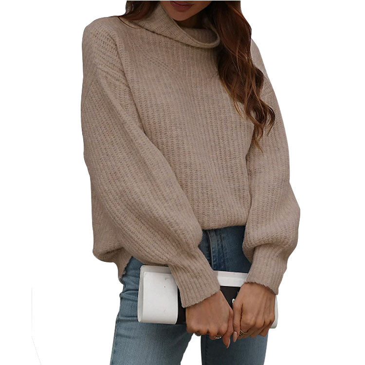 Damen Oversized Strickpullover mit hohem Kragen und Rippstruktur EB