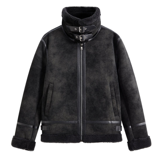 Herren Lammfellimitat Fliegerjacke mit hohem Kragen und Doppel-Schnallenverschluss EB