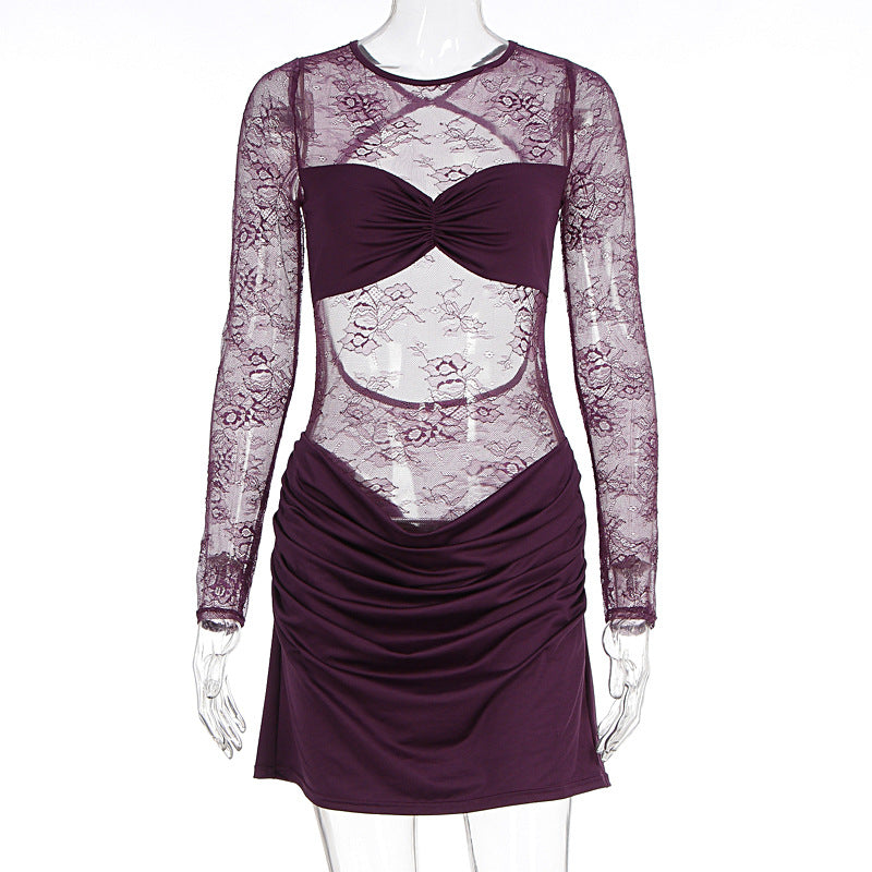 Damen Spitzenkleid mit figurbetontem Schnitt und Rüschendetails EB