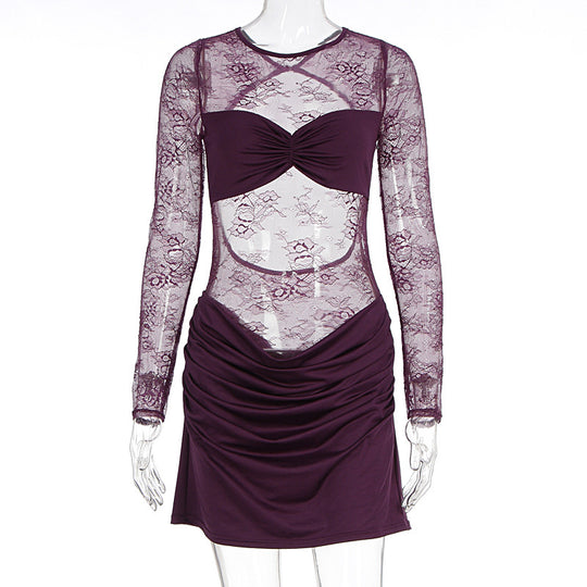 Damen Spitzenkleid mit figurbetontem Schnitt und Rüschendetails EB