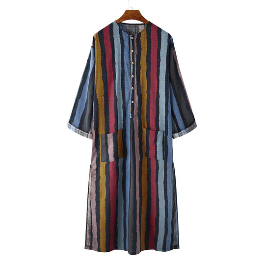 Damen nan lockeres Maxi-Leinenkleid mit durchgehender Knopfleiste Rundhalsausschnitt und aufgesetzten Taschen EB