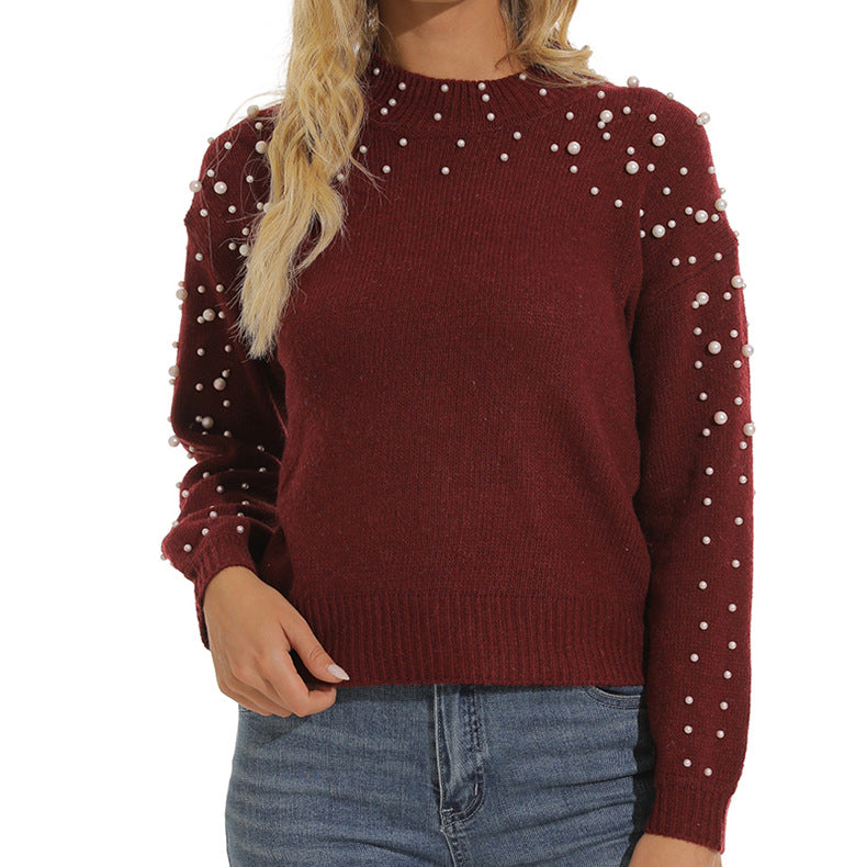 Damen kuscheliger Pullover mit feinem Strukturmuster und dekorativen Perlendetails EB