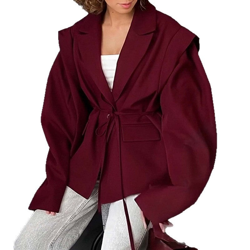 Damen nan taillierter Blazer mit Bindegürtel und Oversize-Ärmeln EB