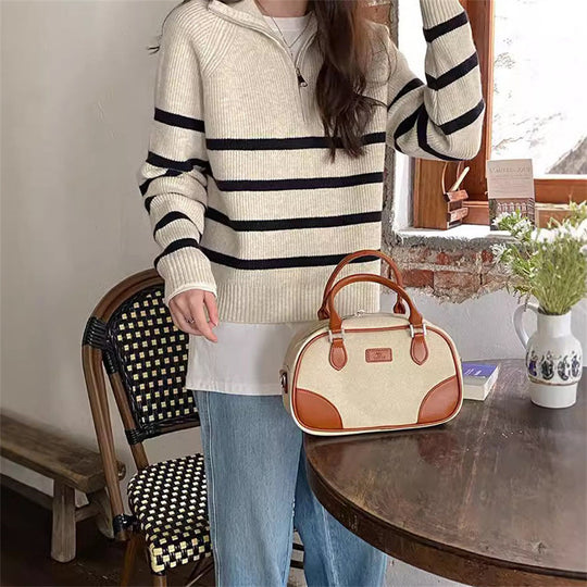Damen Modischer Strickpullover mit Zip und gestreiftem Design EB