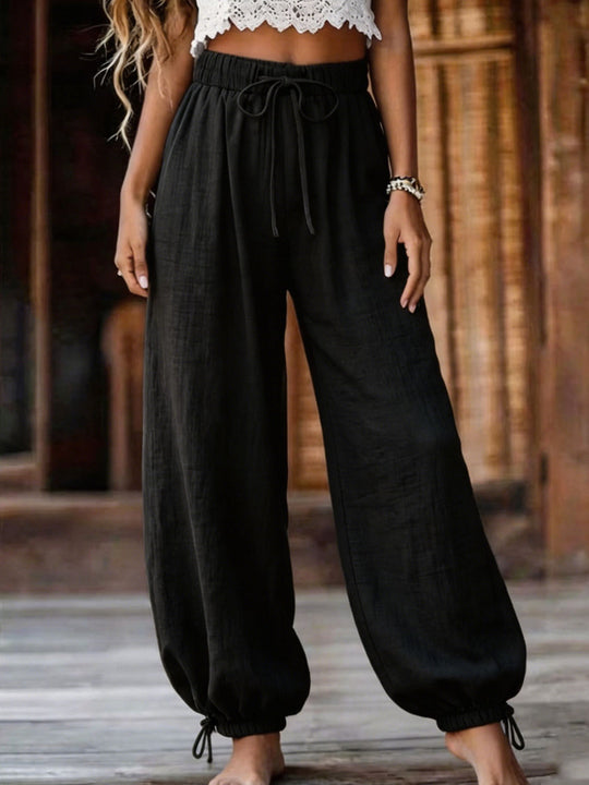 Damen Leichte Leinenhose mit weitem Bein und elastischem Bund EB