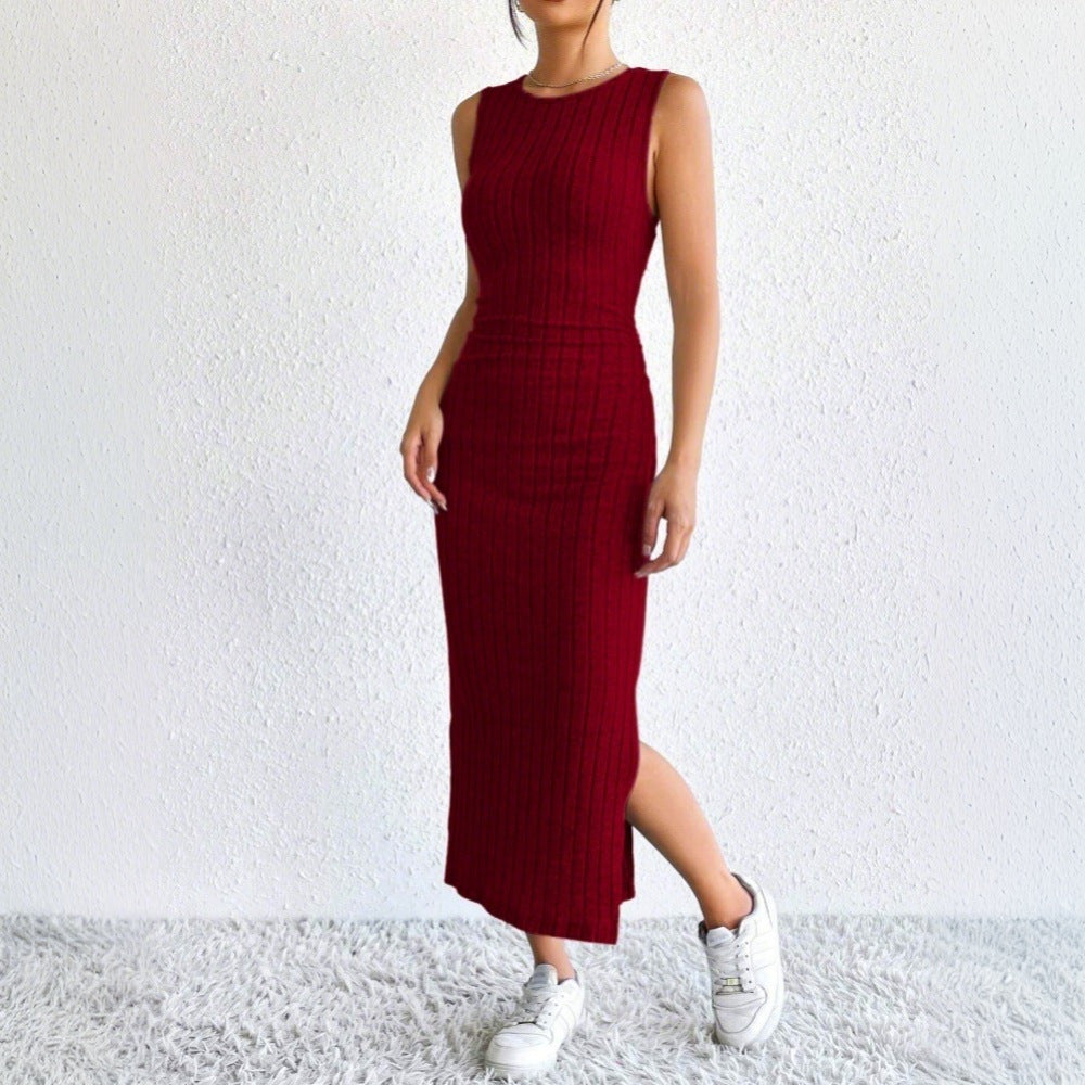 Damen geripptes Midikleid mit figurformendem Bustieroberteil hohem Seitenschlitz und passendem Longcardigan aus Feinstrick Eichborn Berlin