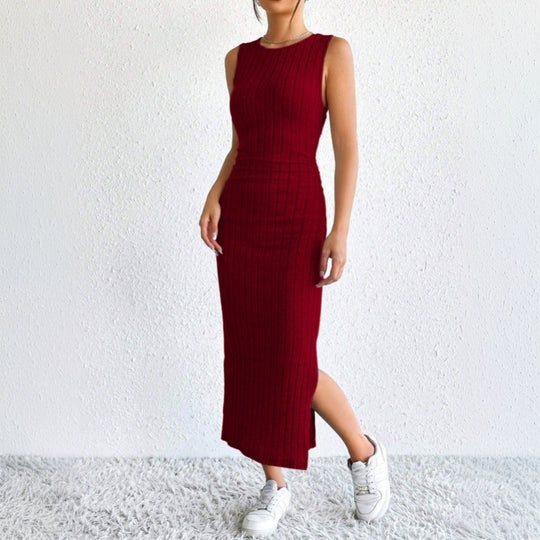 Damen geripptes Midikleid mit figurformendem Bustieroberteil hohem Seitenschlitz und passendem Longcardigan aus Feinstrick Eichborn Berlin