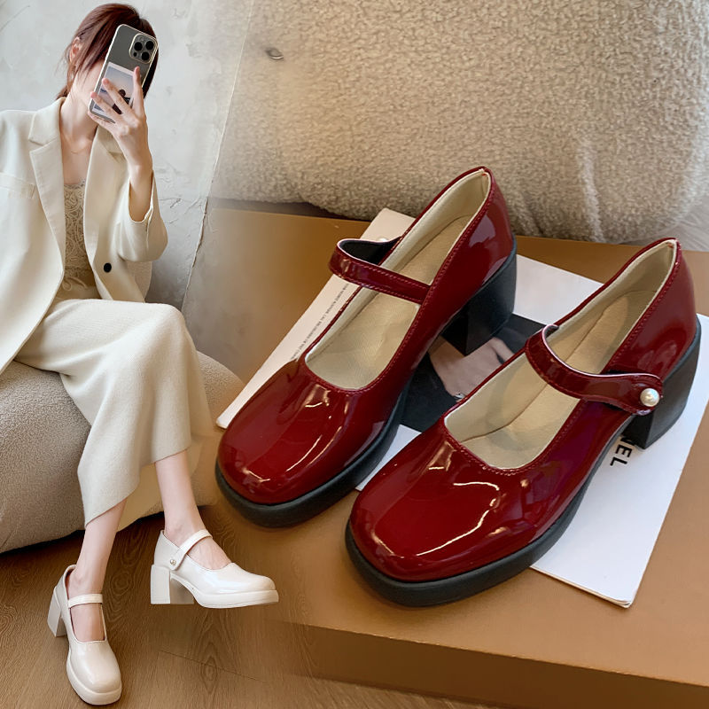 Damen elegante Mary Jane Schuhe mit Perlenschnalle EB