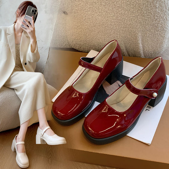 Damen elegante Mary Jane Schuhe mit Perlenschnalle EB