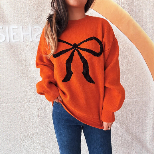 Damen kuscheliger Pullover mit verspieltem Schleifenmuster EB