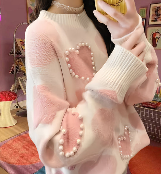 Damen Gemusterter Strickpullover mit Herz-Applikationen und Rippkragen EB