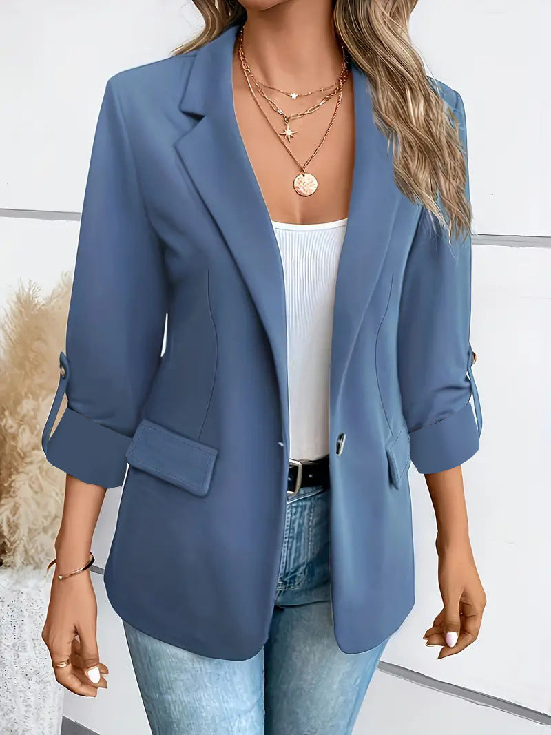 Damen nan taillierter Business-Blazer mit verkürzten Ärmeln umgeschlagenen Manschetten und dekorativen Knöpfen EB