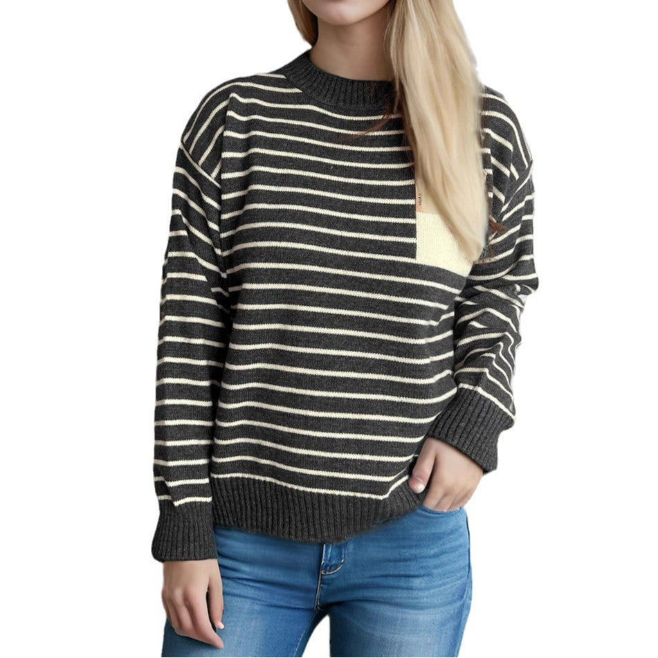 Damen lässiger Strickpullover mit breitem Streifenmuster und überschnittenen Schultern EB