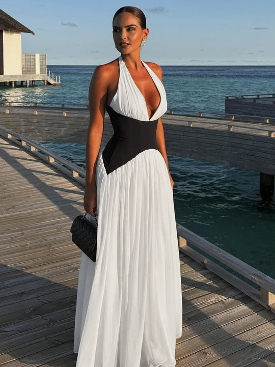 Damen Maxikleid mit tiefem V-Ausschnitt und elegantem Wickel-Design EB