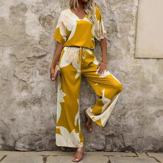 Damen luftiger Hosenanzug mit floralem Print und elastischem Bund EB