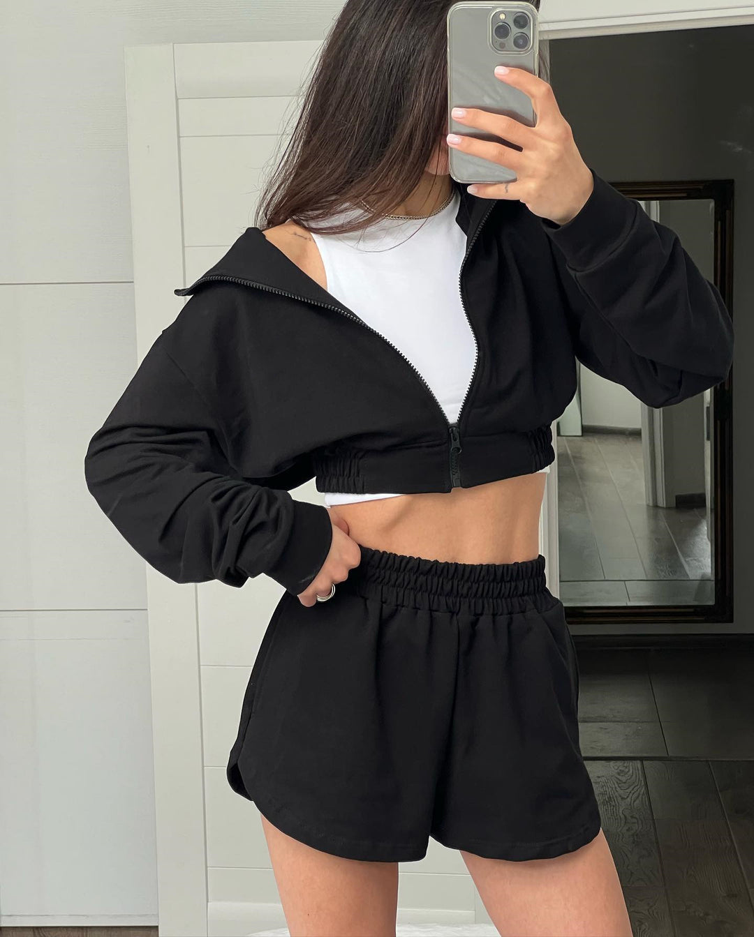 Damen Sportliches Kurzarm Set mit funktionalem Reißverschluss und elastischem Bund EB