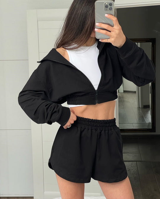 Damen Sportliches Kurzarm Set mit funktionalem Reißverschluss und elastischem Bund EB