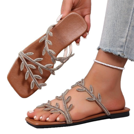 Damen dekorative Zehentrenner-Sandalen mit funkelndem Blattmuster EB