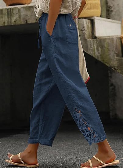 Damen luftige Leinenhose mit dekorativen Stickereien EB