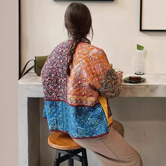 Damen Oversize Patchwork-Steppjacke mit Stehkragen und aufgesetzten Taschen EB