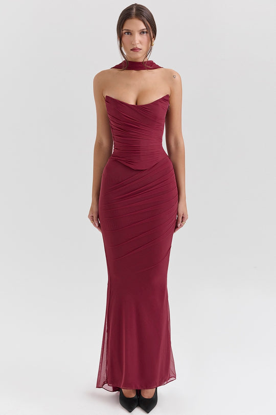Damen Elegantes Couture-Maxikleid mit schulterfreiem Design und raffinierten Drapierungen EB